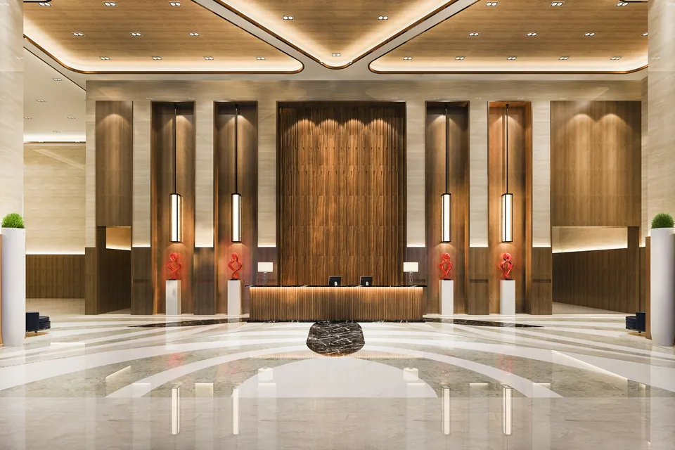 Luxury hotel reception hall with a high ceiling and lounge